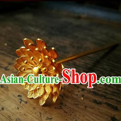 China Ancient Ming Dynasty Court Lady Hairpin Traditional Hair Accessories Handmade Golden Hibiscus Hair Stick