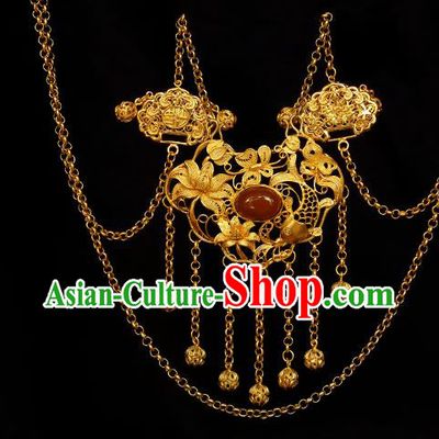 China Traditional Hanfu Agate Necklace Accessories Ancient Princess Golden Lotus Lock Necklet Pendant