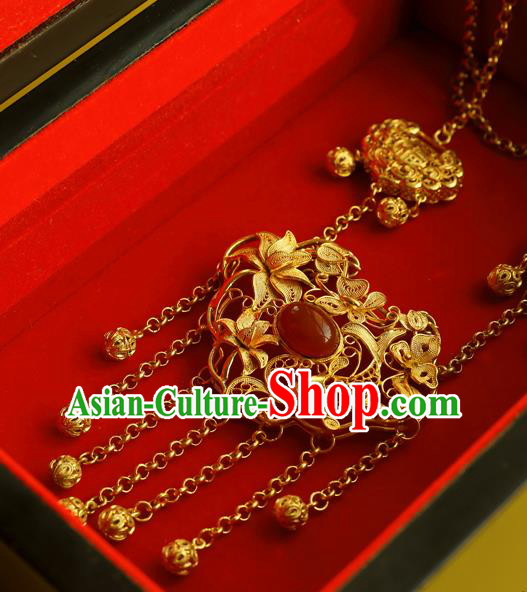 China Traditional Hanfu Agate Necklace Accessories Ancient Princess Golden Lotus Lock Necklet Pendant