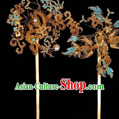 China Ancient Palace Lady Hair Accessories Qing Dynasty Empress Hair Stick Traditional Handmade Filigree Dragon Hairpin