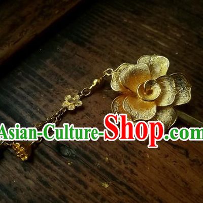 China Traditional Hair Accessories Handmade Golden Tassel Hair Stick Ancient Ming Dynasty Empress Camellia Hairpin