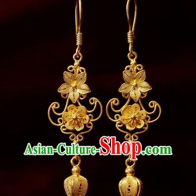 Chinese National Wedding Golden Pulm Blossom Ear Accessories Traditional Cheongsam Earrings Jewelry