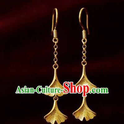 Chinese National Wedding Jewelry Golden Ginkgo Ear Accessories Traditional Cheongsam Earrings