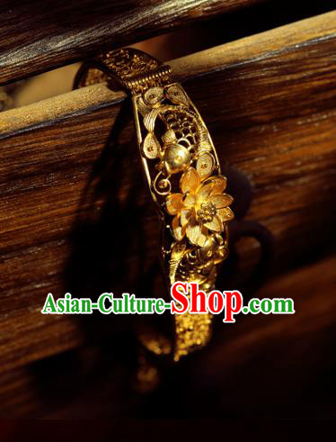 Handmade Chinese Traditional Wedding Golden Lotus Bangle Jewelry Silver Bracelet Accessories Handmade Chinese Traditional Wedding Golden Lotus Bangle Jewelry Silver Bracelet Accessories