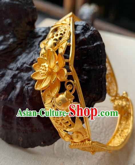 Handmade Chinese Traditional Wedding Golden Lotus Bangle Jewelry Silver Bracelet Accessories Handmade Chinese Traditional Wedding Golden Lotus Bangle Jewelry Silver Bracelet Accessories