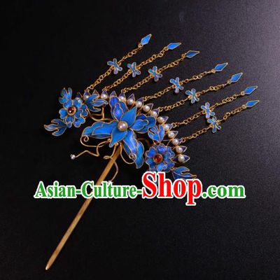 China Qing Dynasty Pearls Hairpin Handmade Ancient Imperial Consort Blueing Tassel Hair Stick