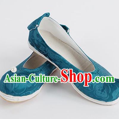 Handmade Chinese Hanfu Shoes Ancient Ming Dynasty Princess Shoes Traditional Blue Silk Bow Shoes