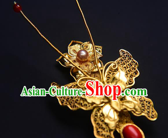 China Traditional Hair Jewelry Ming Dynasty Filigree Butterfly Hairpin Ancient Empress Golden Hair Stick China Traditional Hair Jewelry Ming Dynasty Filigree Butterfly Hairpin Ancient Empress Golden Hair Stick