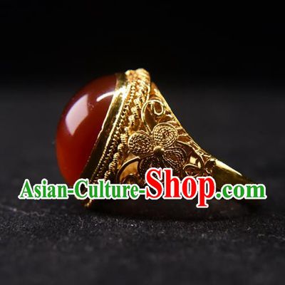 China Ancient Imperial Consort Golden Circlet Jewelry Traditional Qing Dynasty Agate Ring Accessories