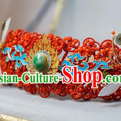 China Traditional Wedding Hair Jewelry Ming Dynasty Hairpin Ancient Empress Jade Red Hair Crown