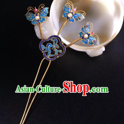 China Traditional Handmade Blueing Butterfly Hair Stick Ancient Qing Dynasty Court Empress Pearls Hairpin