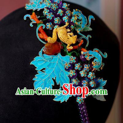 China Ancient Empress Amethyst Tassel Hair Stick Traditional Court Hair Jewelry Qing Dynasty Blueing Grape Hairpin