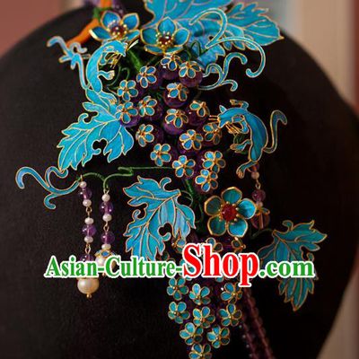 China Traditional Court Hair Jewelry Qing Dynasty Blueing Grape Hairpin Ancient Empress Amethyst Tassel Hair Clasp