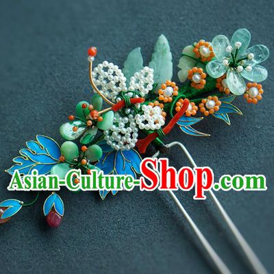 China Ancient Empress Jadeite Plum Blossom Hairpin Traditional Court Hair Jewelry Qing Dynasty Pearls Hair Stick