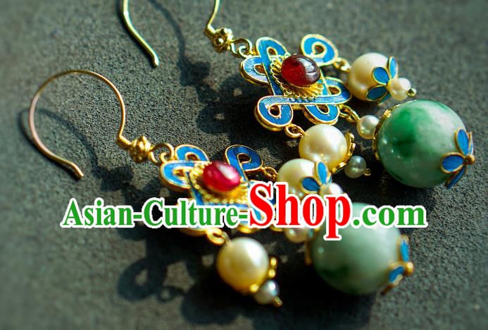 Chinese Qing Dynasty Palace Lady Pearls Ear Accessories Ancient Empress Jadeite Earrings