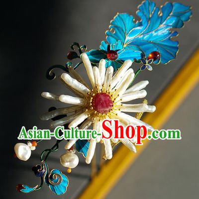 China Ancient Empress Blueing Hairpin Traditional Court Ruby Hair Jewelry Qing Dynasty Pearls Chrysanthemum Hair Stick