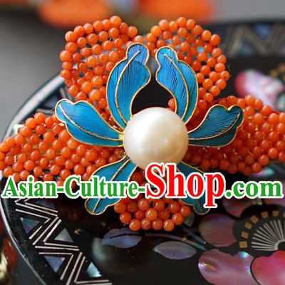 China Qing Dynasty Pearl Hair Crown Traditional Court Hair Jewelry Ancient Empress Red Beads Peony Hairpin