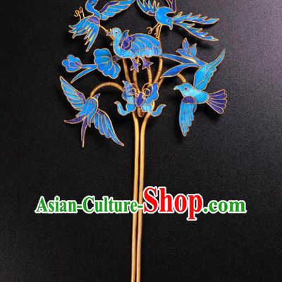 China Handmade Blueing Birds Hair Stick Ancient Qing Dynasty Imperial Consort Hairpin