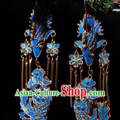 Chinese Classical Cheongsam Earrings Jewelry Ancient Qing Dynasty Blueing Lotus Fish Ear Accessories