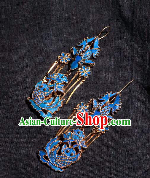 Chinese Classical Cheongsam Earrings Jewelry Ancient Qing Dynasty Blueing Lotus Fish Ear Accessories Chinese Classical Cheongsam Earrings Jewelry Ancient Qing Dynasty Blueing Lotus Fish Ear Accessories