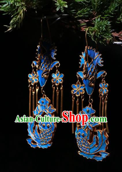 Chinese Classical Cheongsam Earrings Jewelry Ancient Qing Dynasty Blueing Lotus Fish Ear Accessories Chinese Classical Cheongsam Earrings Jewelry Ancient Qing Dynasty Blueing Lotus Fish Ear Accessories