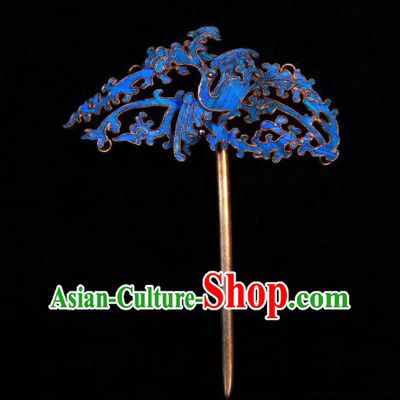 China Handmade Qing Dynasty Court Hairpin Ancient Imperial Consort Blueing Phoenix Hair Stick