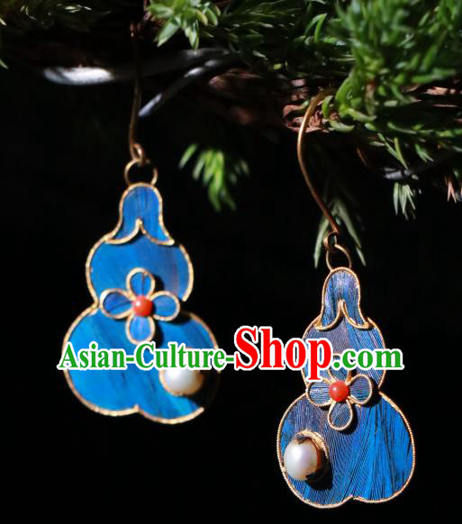 Chinese Ancient Palace Blueing Gourd Ear Accessories Qing Dynasty Earrings Classical Pearl Jewelry Chinese Ancient Palace Blueing Gourd Ear Accessories Qing Dynasty Earrings Classical Pearl Jewelry
