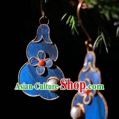 Chinese Ancient Palace Blueing Gourd Ear Accessories Qing Dynasty Earrings Classical Pearl Jewelry