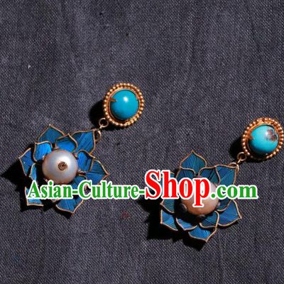 Chinese Classical Pearl Jewelry Qing Dynasty Earrings Ancient Palace Lady Blueing Lotus Ear Accessories