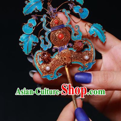 China Handmade Qing Dynasty Queen Gems Hairpin Ancient Empress Filigree Bat Gourd Hair Stick Traditional Hair Jewelry