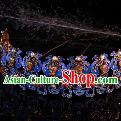 China Handmade Ming Dynasty Queen Pearls Hairpin Ancient Imperial Empress Blueing Phoenix Hair Crown