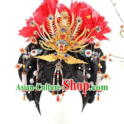 Chinese Ancient Queen Wig Sheath Traditional Tang Dynasty Empress Wu Zetian Wigs Chignon and Hair Jewelry