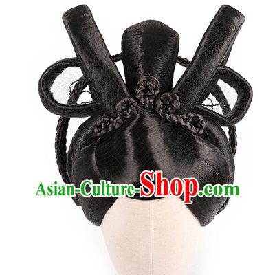 Handmade Chinese Ancient Royal Queen Wig Sheath Traditional Tang Dynasty Empress Wigs Chignon Headwear