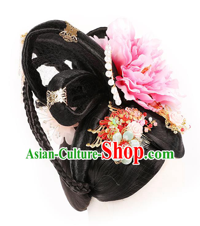 Handmade Chinese Ancient Royal Queen Wig Sheath Traditional Tang Dynasty Empress Wigs Chignon Headwear Handmade Chinese Ancient Royal Queen Wig Sheath Traditional Tang Dynasty Empress Wigs Chignon Headwear