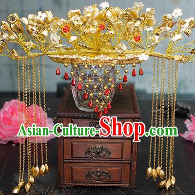 China Traditional Wedding Hair Accessories Ancient Bride Golden Phoenix Coronet Headpieces