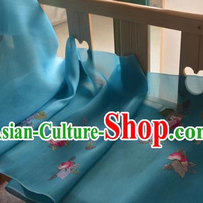 Chinese Embroidered Peony Blue Silk Traditional Hanfu Silk Fabric