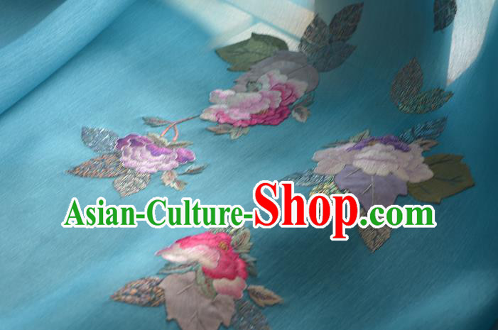 Chinese Embroidered Peony Blue Silk Traditional Hanfu Silk Fabric Chinese Embroidered Peony Blue Silk Traditional Hanfu Silk Fabric
