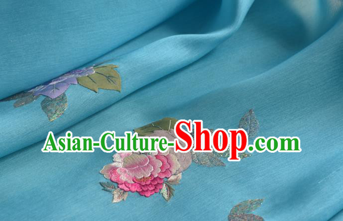 Chinese Embroidered Peony Blue Silk Traditional Hanfu Silk Fabric Chinese Embroidered Peony Blue Silk Traditional Hanfu Silk Fabric