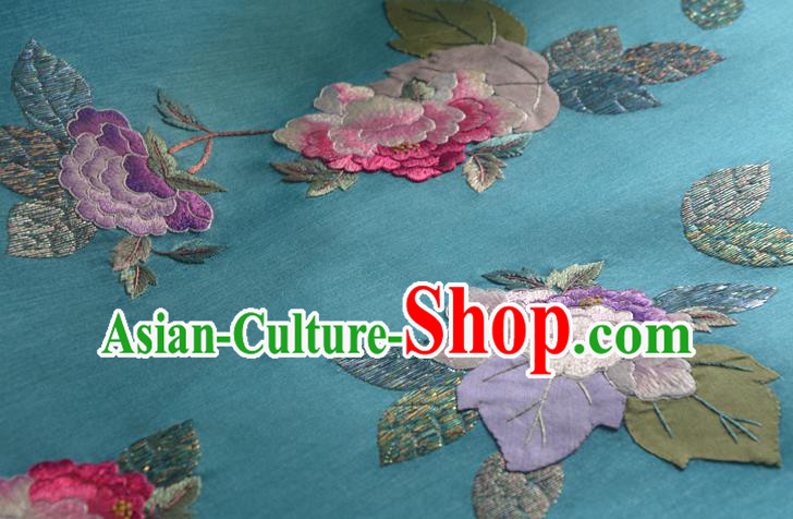 Chinese Embroidered Peony Blue Silk Traditional Hanfu Silk Fabric Chinese Embroidered Peony Blue Silk Traditional Hanfu Silk Fabric