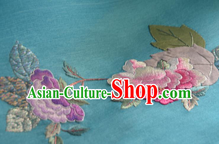 Chinese Embroidered Peony Blue Silk Traditional Hanfu Silk Fabric Chinese Embroidered Peony Blue Silk Traditional Hanfu Silk Fabric