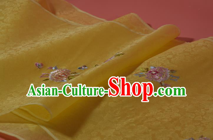 Chinese Embroidered Peony Yellow Silk Material Traditional Hanfu Silk Fabric Chinese Embroidered Peony Yellow Silk Material Traditional Hanfu Silk Fabric