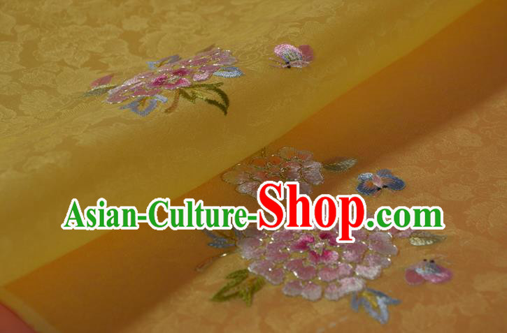 Chinese Embroidered Peony Yellow Silk Material Traditional Hanfu Silk Fabric Chinese Embroidered Peony Yellow Silk Material Traditional Hanfu Silk Fabric