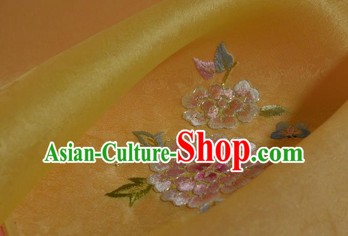 Chinese Embroidered Peony Yellow Silk Material Traditional Hanfu Silk Fabric Chinese Embroidered Peony Yellow Silk Material Traditional Hanfu Silk Fabric