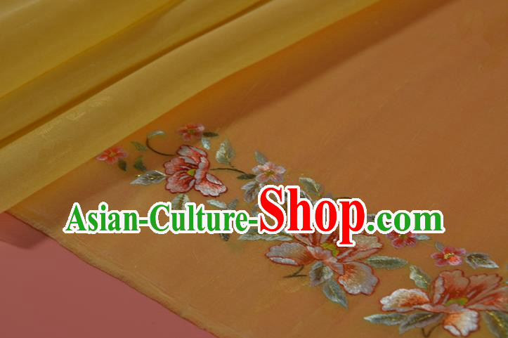 Chinese Embroidered Flowers Silk Material Traditional Hanfu Yellow Silk Fabric Chinese Embroidered Flowers Silk Material Traditional Hanfu Yellow Silk Fabric