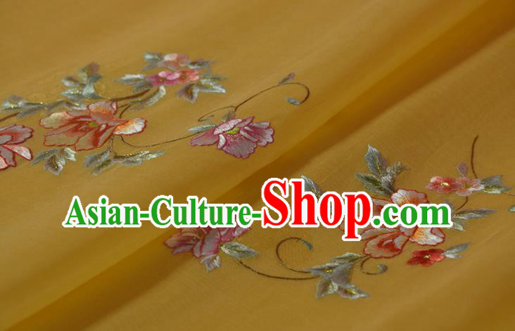 Chinese Embroidered Flowers Silk Material Traditional Hanfu Yellow Silk Fabric Chinese Embroidered Flowers Silk Material Traditional Hanfu Yellow Silk Fabric