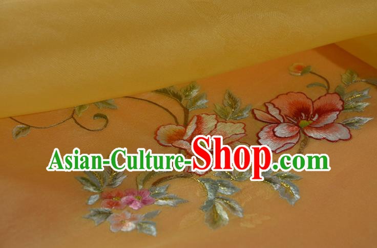 Chinese Embroidered Flowers Silk Material Traditional Hanfu Yellow Silk Fabric Chinese Embroidered Flowers Silk Material Traditional Hanfu Yellow Silk Fabric