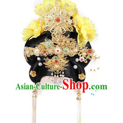 Chinese Ancient Court Woman Wig Sheath Traditional Tang Dynasty Wigs Chignon and Hair Accessories