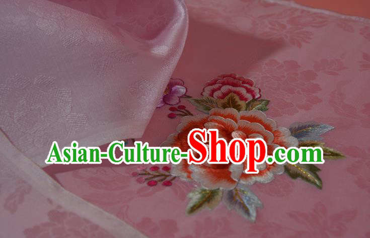 Chinese Classical Peony Pattern Silk Material Traditional Hanfu Dress Embroidered Pink Silk Fabric Chinese Classical Peony Pattern Silk Material Traditional Hanfu Dress Embroidered Pink Silk Fabric
