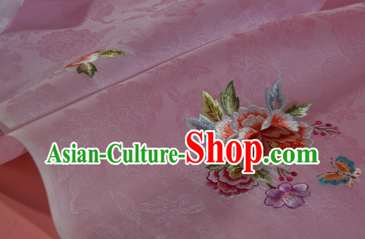 Chinese Classical Peony Pattern Silk Material Traditional Hanfu Dress Embroidered Pink Silk Fabric Chinese Classical Peony Pattern Silk Material Traditional Hanfu Dress Embroidered Pink Silk Fabric