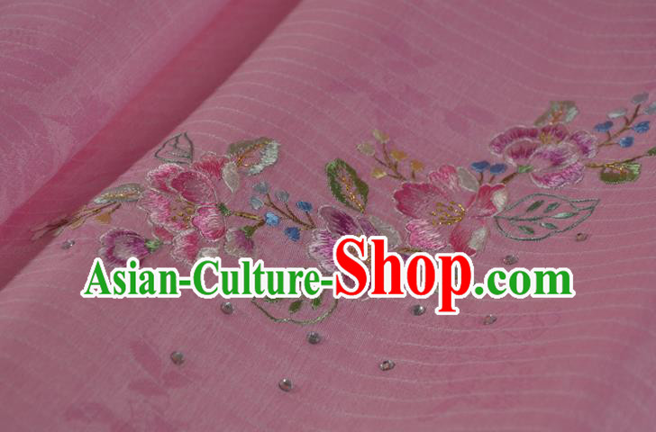 Chinese Classical Peach Flowers Pattern Silk Material Traditional Hanfu Dress Embroidered Pink Silk Fabric Chinese Classical Peach Flowers Pattern Silk Material Traditional Hanfu Dress Embroidered Pink Silk Fabric